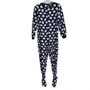 René Rofé Kitty Cat Footed Pajama Onesie Black White Jumpsuit Loungewear-S
